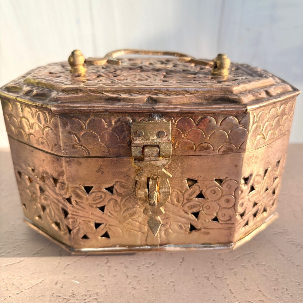 Vintage Octagonal Brass Filigree Trinket Box Floral Embossed Lidded Chest Handle